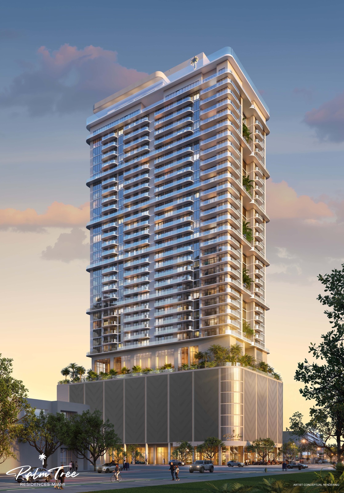 Palm Tree Residences Miami — 37-story residential tower in Downtown Miami's entertainment district, the first residential offering from Palm Tree Crew (Kygo & Myles Shear), architecture by Kobi Karp.